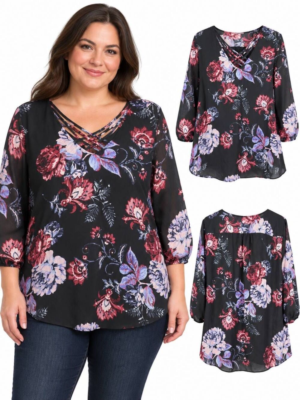 Maurices XXL Black Floral Lattice Neck 3/4 Sleeve Blouse